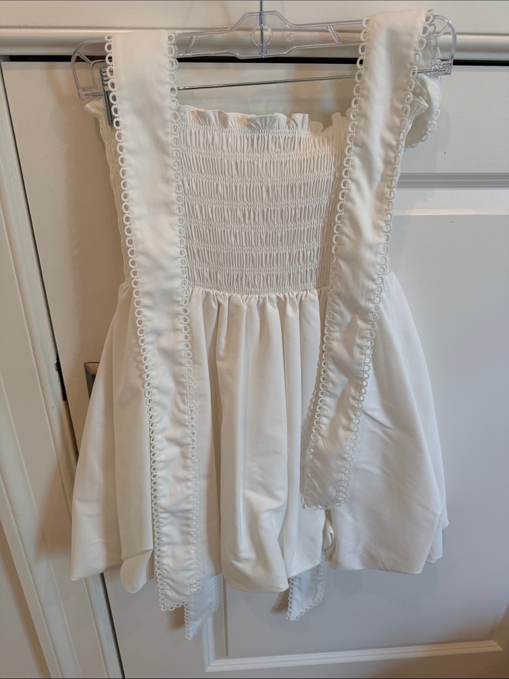 Women’s OPT white smocked bubble hem dress, ties on shoulders in bow, EUC, XS
